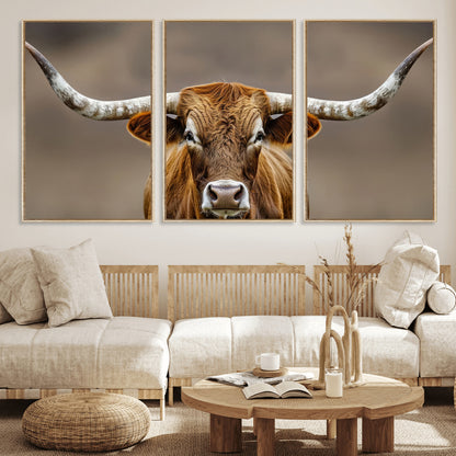 Close-up of a Texas Longhorn with strong curved horns and warm brown tones, perfect for rustic or western-style wall decor.