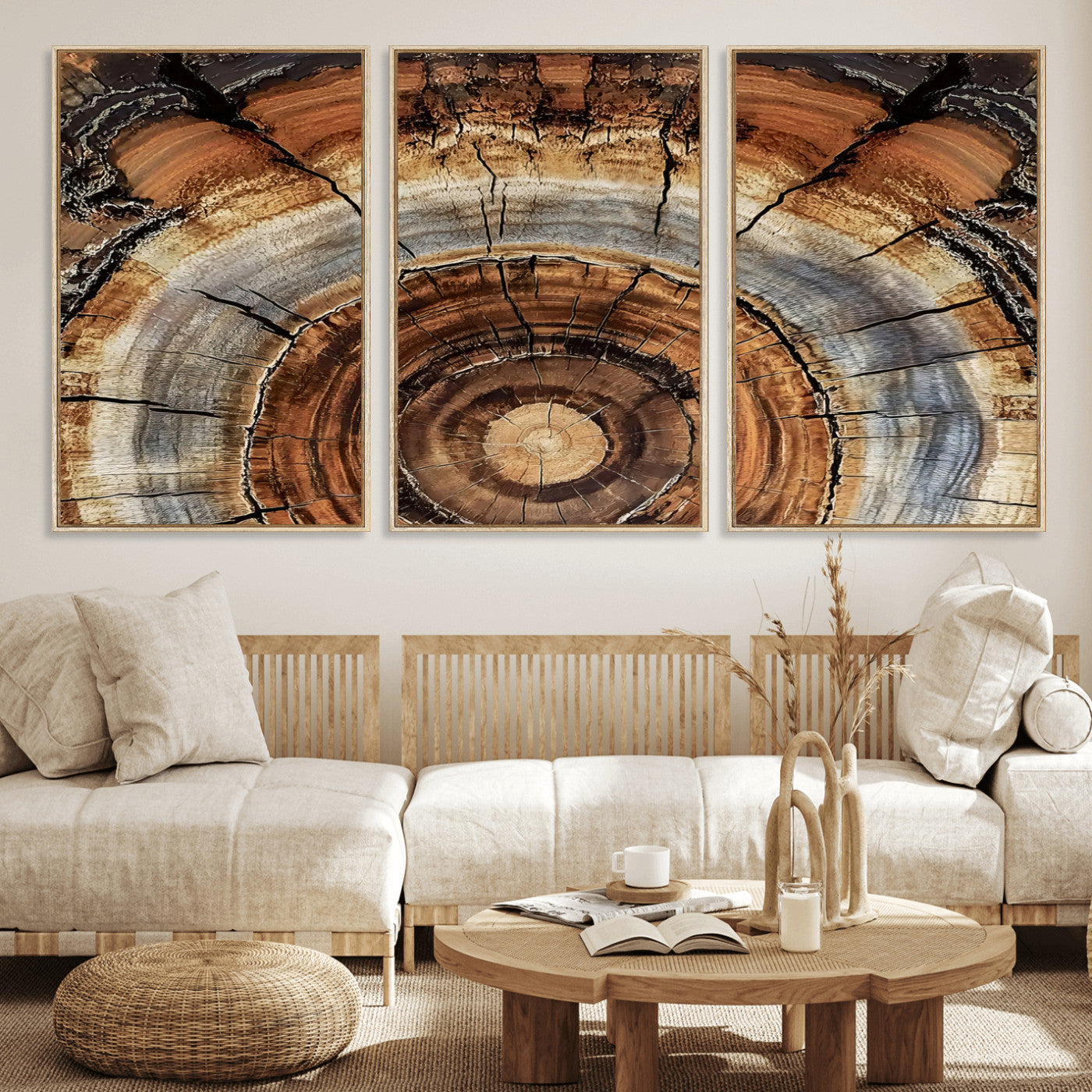 Canvas of tree rings and natural wood grain in earthy tones, ideal for rustic or vintage-inspired home decor with organic textures.