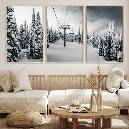 Canvas of a snowy ski lift scene through a forest of tall pine trees, ideal for moody winter or alpine-themed home decor.
