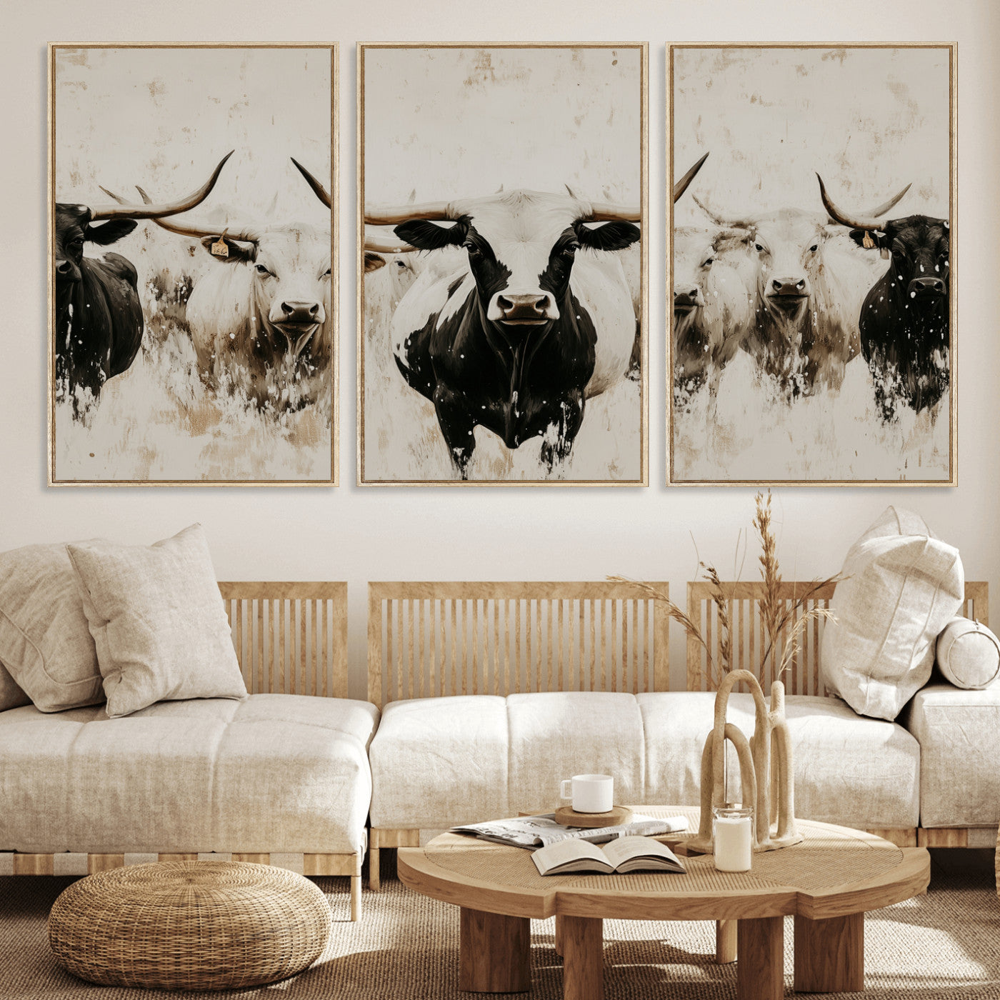 Illustrated herd of longhorn cattle in black and white tones with a neutral textured background, perfect for rustic or farmhouse-style decor.