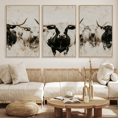 Illustrated herd of longhorn cattle in black and white tones with a neutral textured background, perfect for rustic or farmhouse-style decor.
