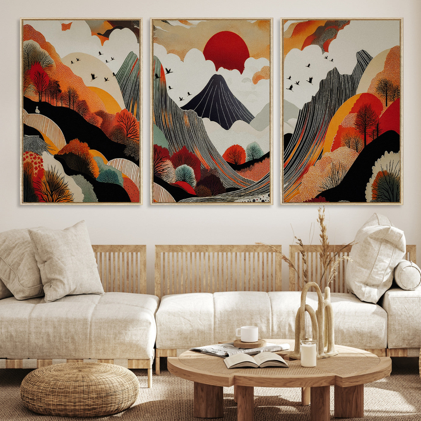 Abstract Mountain Wall Art Canvas Print, Vibrant Landscape Print, Framed Stylized Nature Drawing Art Print, Large Sunset Mountains Printing Perfect for Contemporary Minimalist Decor