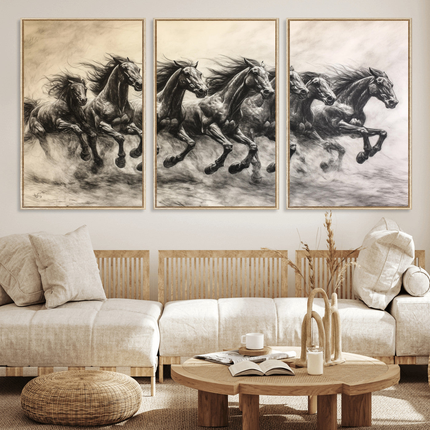 Monochrome drawing of a herd of galloping horses, perfect for dynamic and wild-themed decor in any equestrian or nature-inspired room.