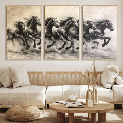Monochrome drawing of a herd of galloping horses, perfect for dynamic and wild-themed decor in any equestrian or nature-inspired room.