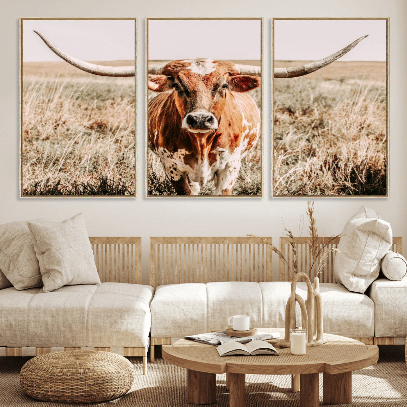 Framed longhorn cow canvas wall art with rustic prairie background, western animal print perfect for farmhouse or ranch style decor