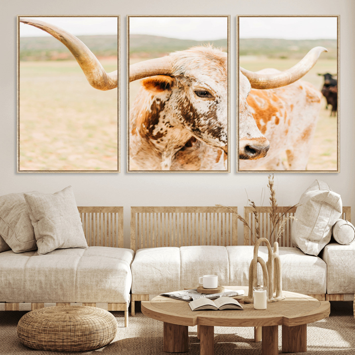 Close-up of a speckled Texas Longhorn in warm prairie tones, perfect for rustic western or countryside-themed room decor.