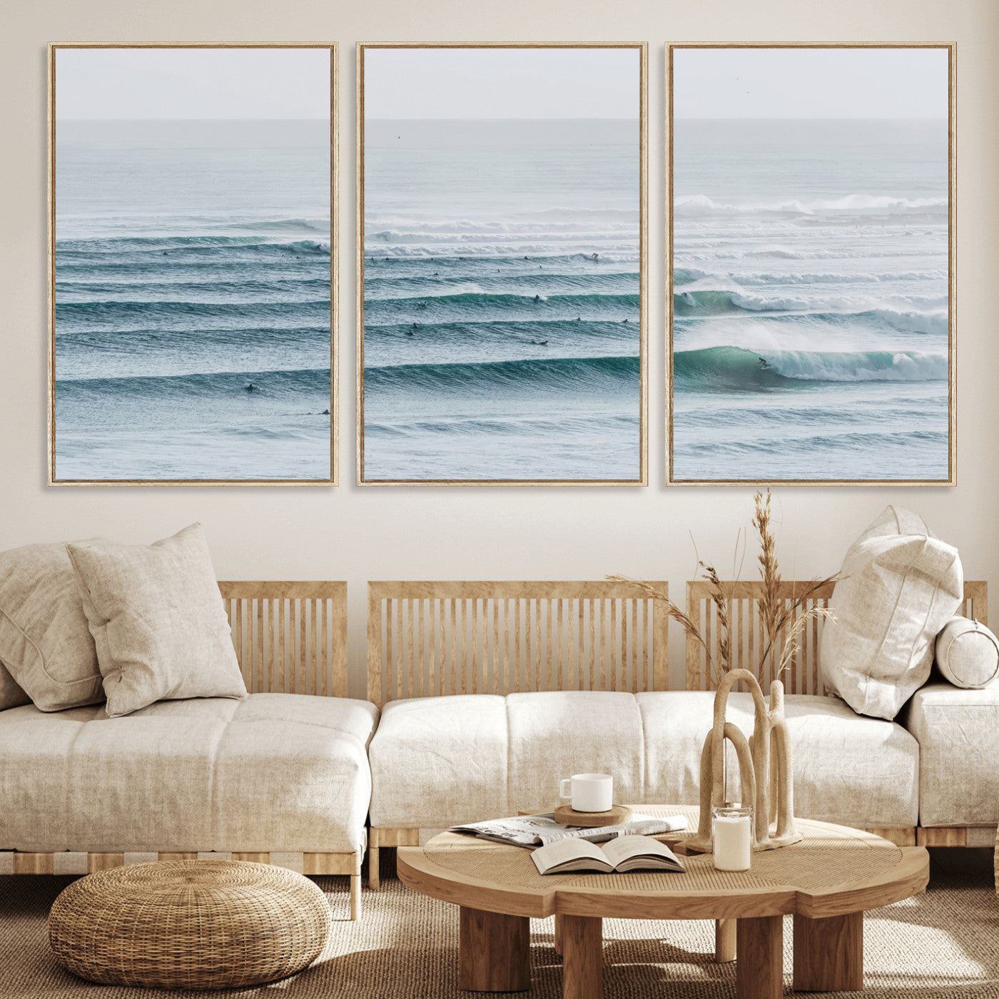 High-angle view of surfers lining up across layered ocean waves, ideal for minimal coastal or surf-inspired room decor.