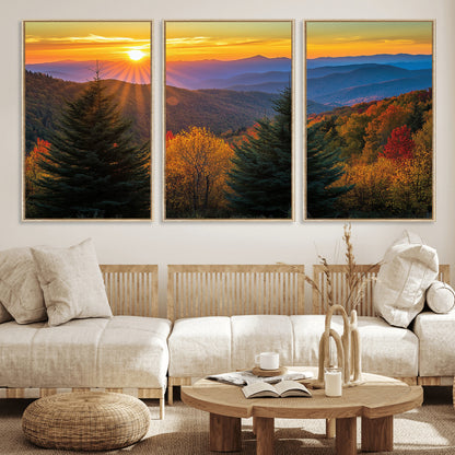 Vibrant sunset over autumn mountains with colorful trees and warm light, ideal for nature lovers or cabin-style wall decor.