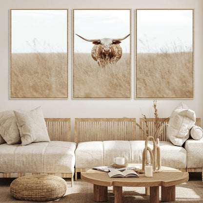 Texas Longhorn bull standing alone in dry grass with neutral tones, ideal for rustic western or cowboy-themed wall decor.