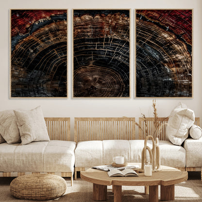 Dark Wood Wall Art Print - Petrified Tree Canvas Print, featuring an intricate tree ring pattern with deep earthy tones and organic textures, perfect for rustic and nature-inspired decor.