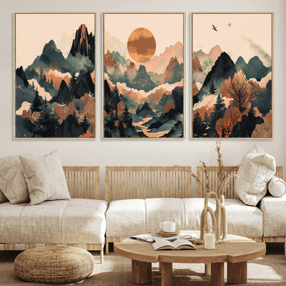 Mountain Landscape Wall Art Print - Sunset Hills Canvas Print, featuring an abstract nature scene with earthy tones and misty peaks, perfect for boho and modern decor.