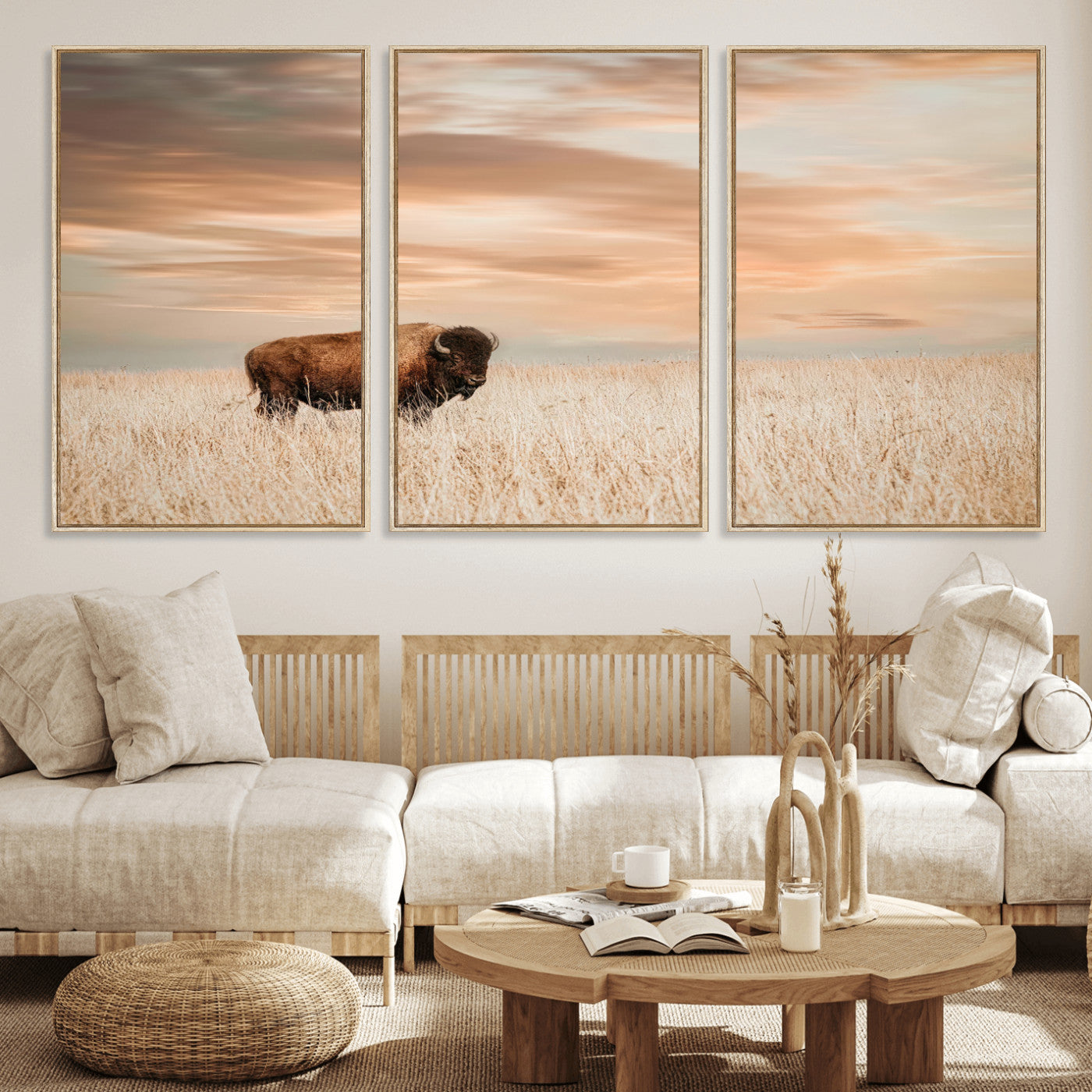 Bison Wall Art Print - Buffalo Canvas Print, featuring a lone bison in a golden prairie under a warm sunset sky, perfect for rustic and farmhouse decor.