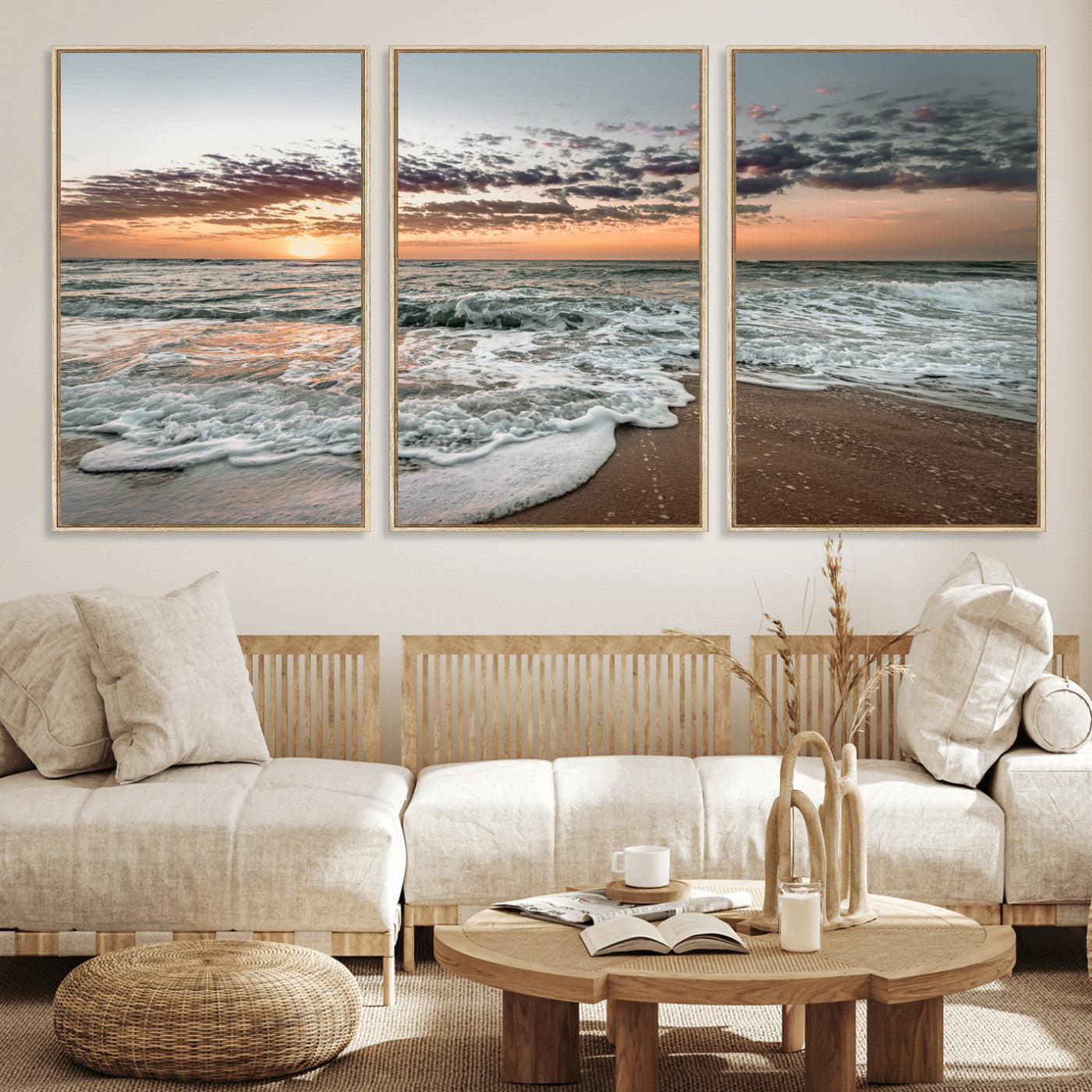 Ocean Sunset Wall Art Print - Beach Waves Canvas Print, featuring a serene seascape with golden sunlight reflecting on gentle waves, perfect for coastal and minimalist decor.