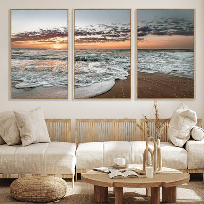 Ocean Sunset Wall Art Print - Beach Waves Canvas Print, featuring a serene seascape with golden sunlight reflecting on gentle waves, perfect for coastal and minimalist decor.