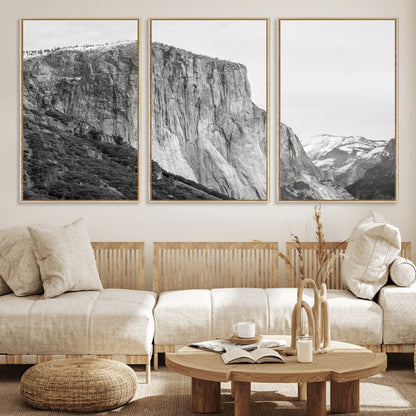 Monochrome canvas of El Capitan’s granite wall in Yosemite with snowy peaks, ideal for dramatic mountain or black-and-white nature decor.