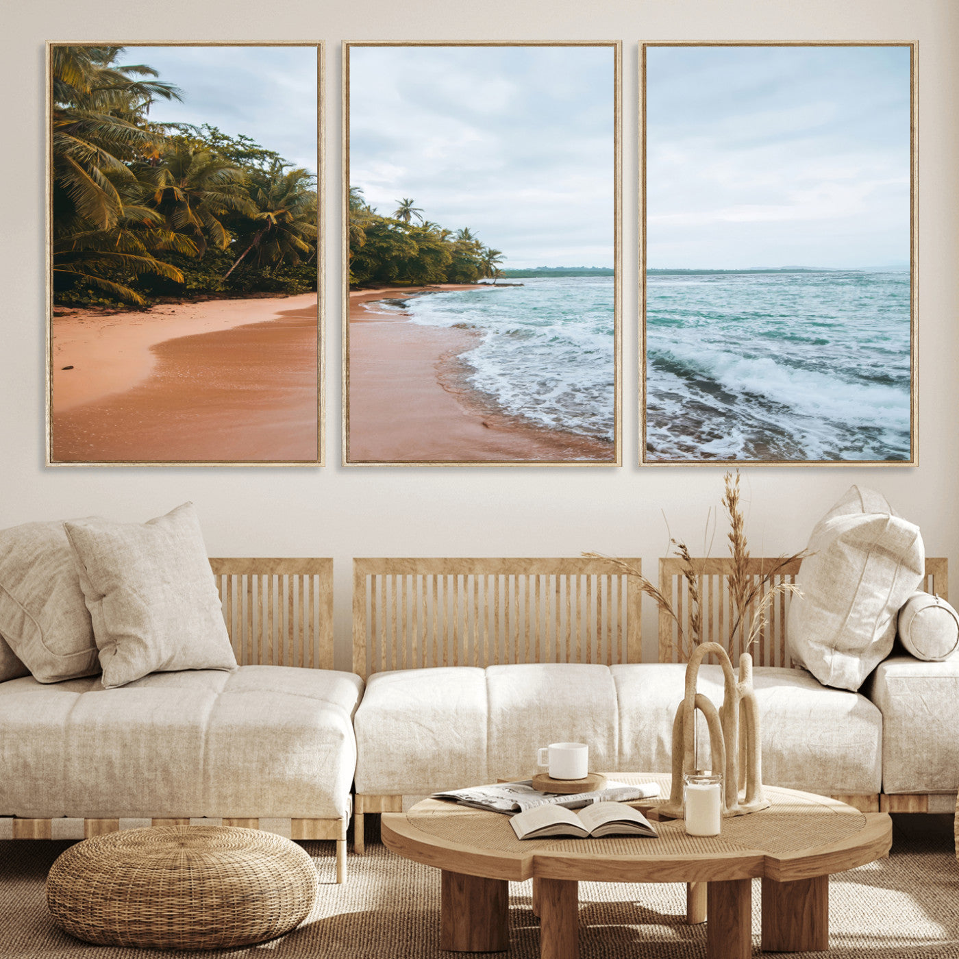 Framed canvas of a tropical beach with palm trees and soft waves, ideal for coastal escape or serene nature-inspired home decor.