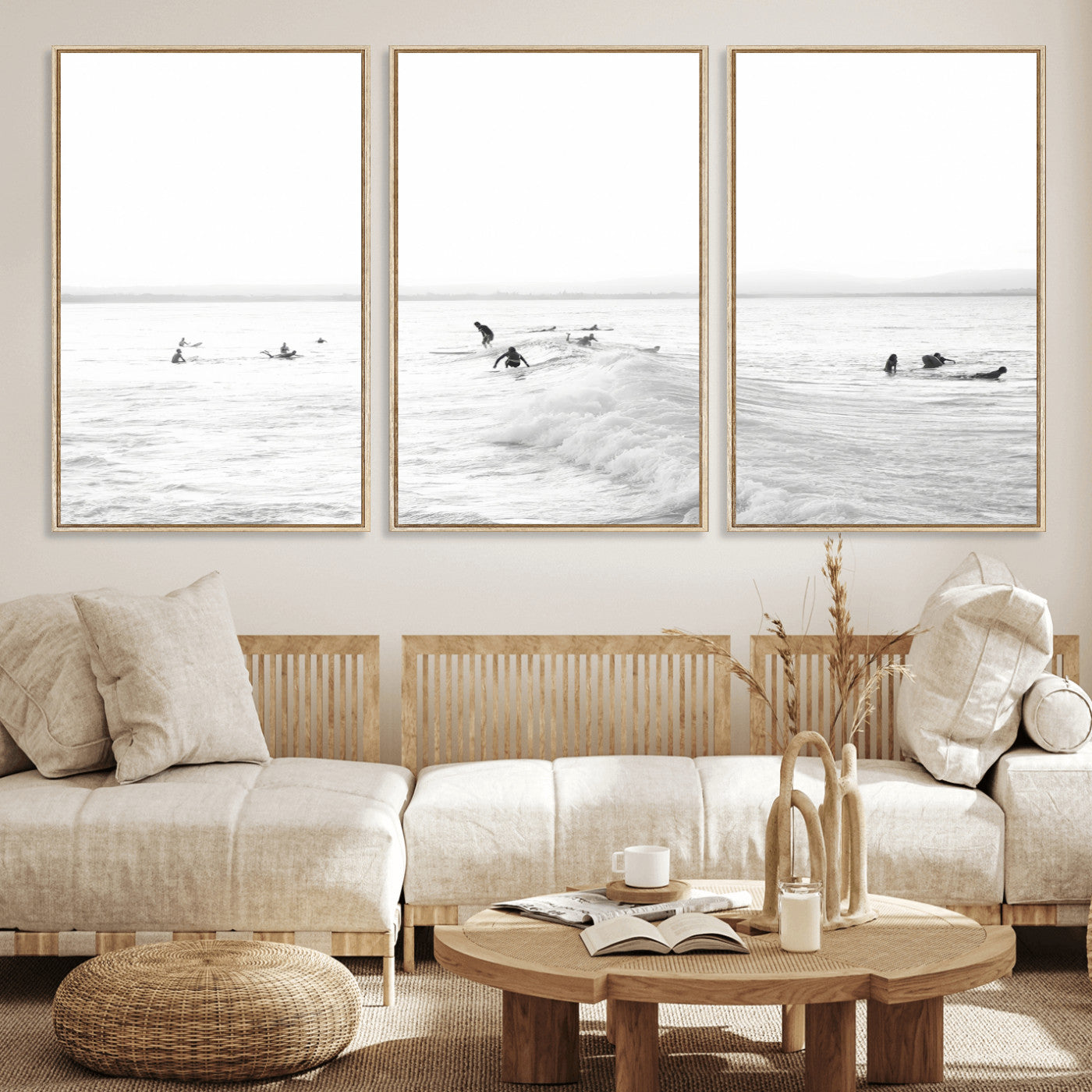 Monochrome photo of surfers riding and waiting on ocean waves, ideal for surf-themed or coastal energy wall decor.