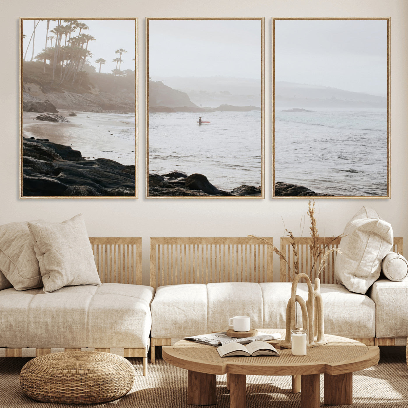 Framed canvas of a surfer in misty coastal tones at a foggy California beach, ideal for minimalist coastal beach or serene ocean-themed decor.