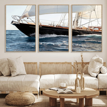 Close-up of a classic sailing yacht with wooden deck and full sails, perfect for nautical or coastal-style decor in ocean-themed spaces.