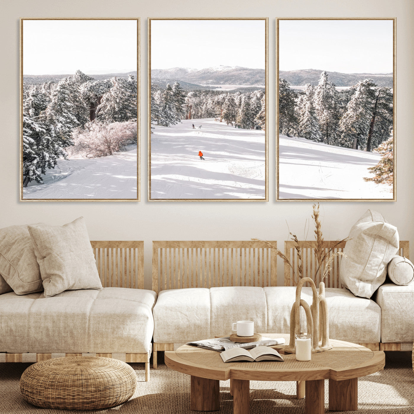 Bright ski trail lined with snow-covered pines and a skier in orange, perfect for alpine adventure or winter sports-inspired decor.