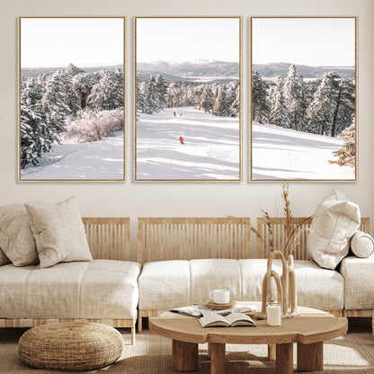 Bright ski trail lined with snow-covered pines and a skier in orange, perfect for alpine adventure or winter sports-inspired decor.
