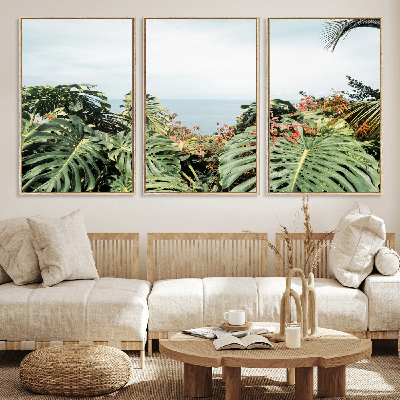 Monstera leaves and tropical flowers framing a calm ocean view, ideal for tropical coastal or exotic jungle-style interior wall decor.