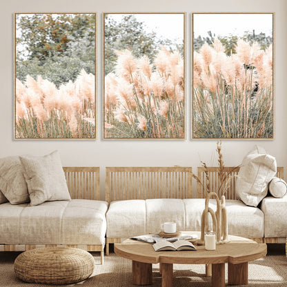 Soft pastel pampas grasses in a natural setting, ideal for neutral boho or rustic botanical-style interior wall decoration.