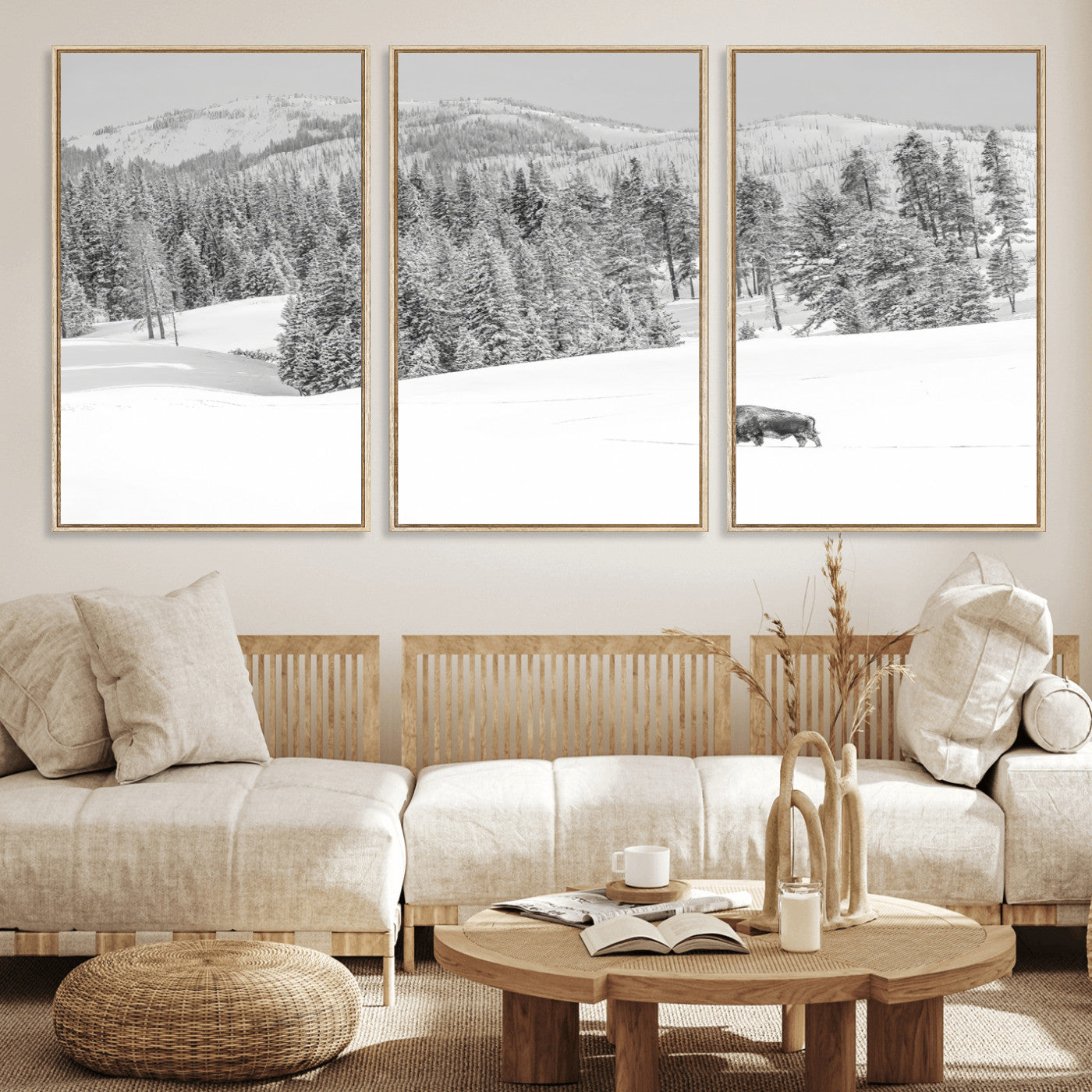 Snowy bison walking through white forest landscape, ideal for monochrome winter or wilderness-style interior wall decoration.