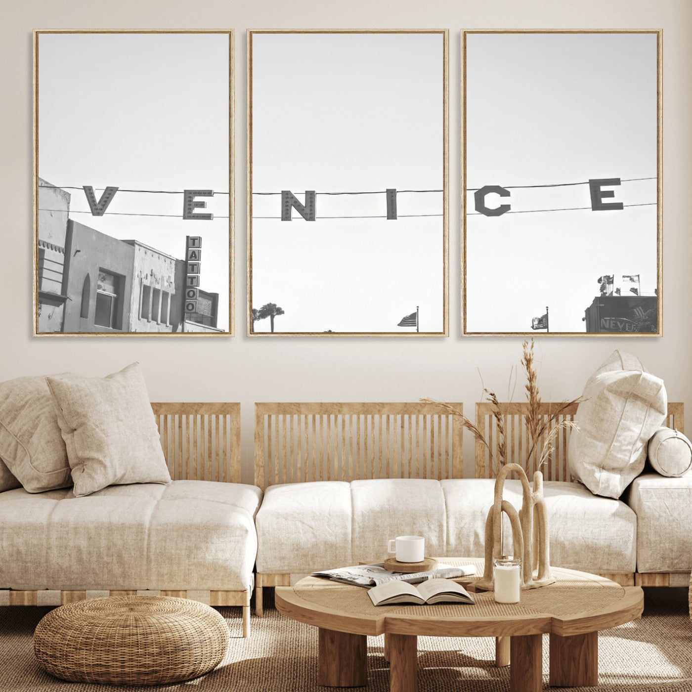 Black and white photo of Venice Beach sign and palm-lined street, perfect for urban coastal or minimalist LA-inspired wall decoration.
