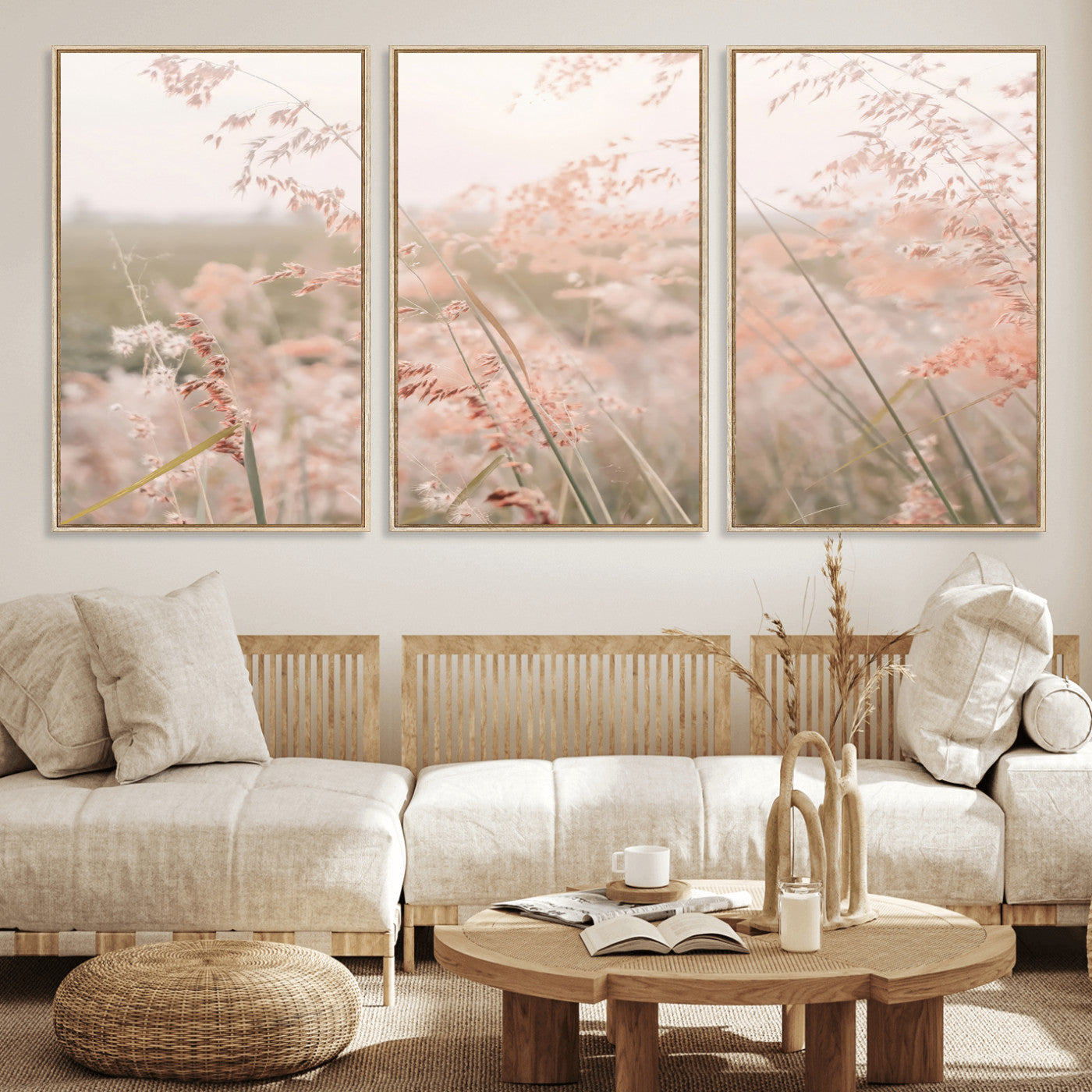 Soft pastel field with wild grasses in warm light, ideal for minimal nature or airy countryside-inspired interior wall decoration.