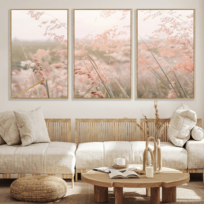 Soft pastel field with wild grasses in warm light, ideal for minimal nature or airy countryside-inspired interior wall decoration.