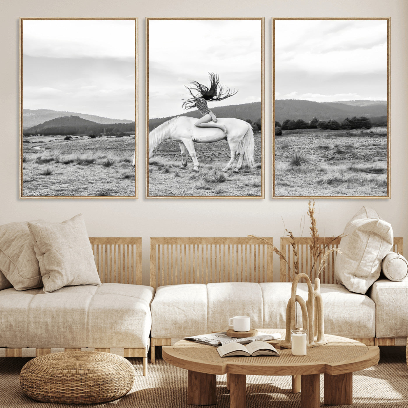 Black and white photo of a woman on a white horse in moody tones, ideal for Western Boho or modern rustic-style home decor.