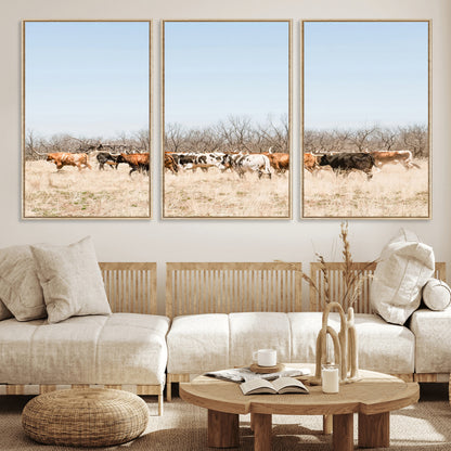 Framed wall art of Texas longhorn cattle walking through a dry, neutral-toned prairie, perfect for rustic farmhouse or western-themed home decor.
