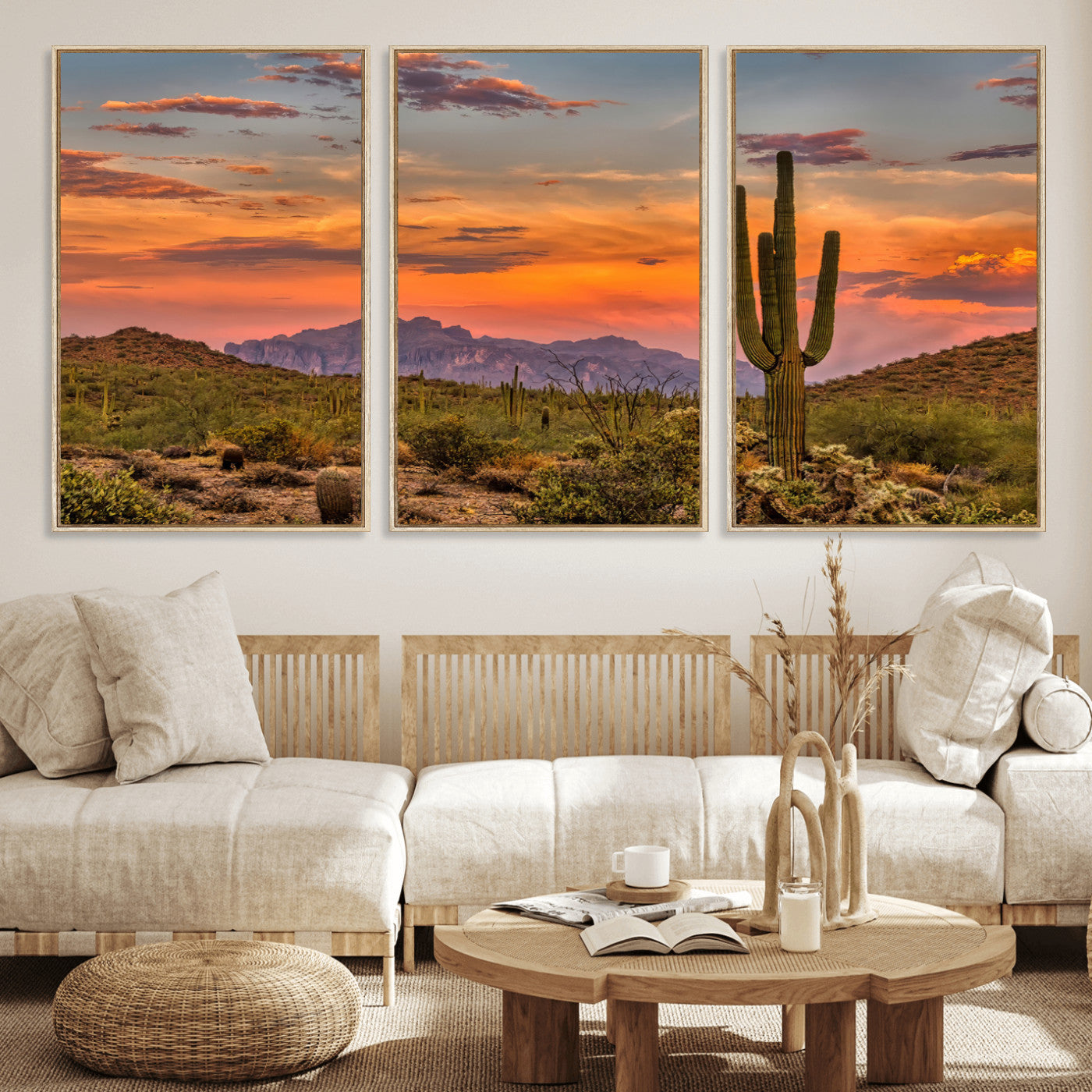 Vibrant desert sunset with saguaro cacti and distant mountains, perfect for Southwestern or warm-toned home decor.