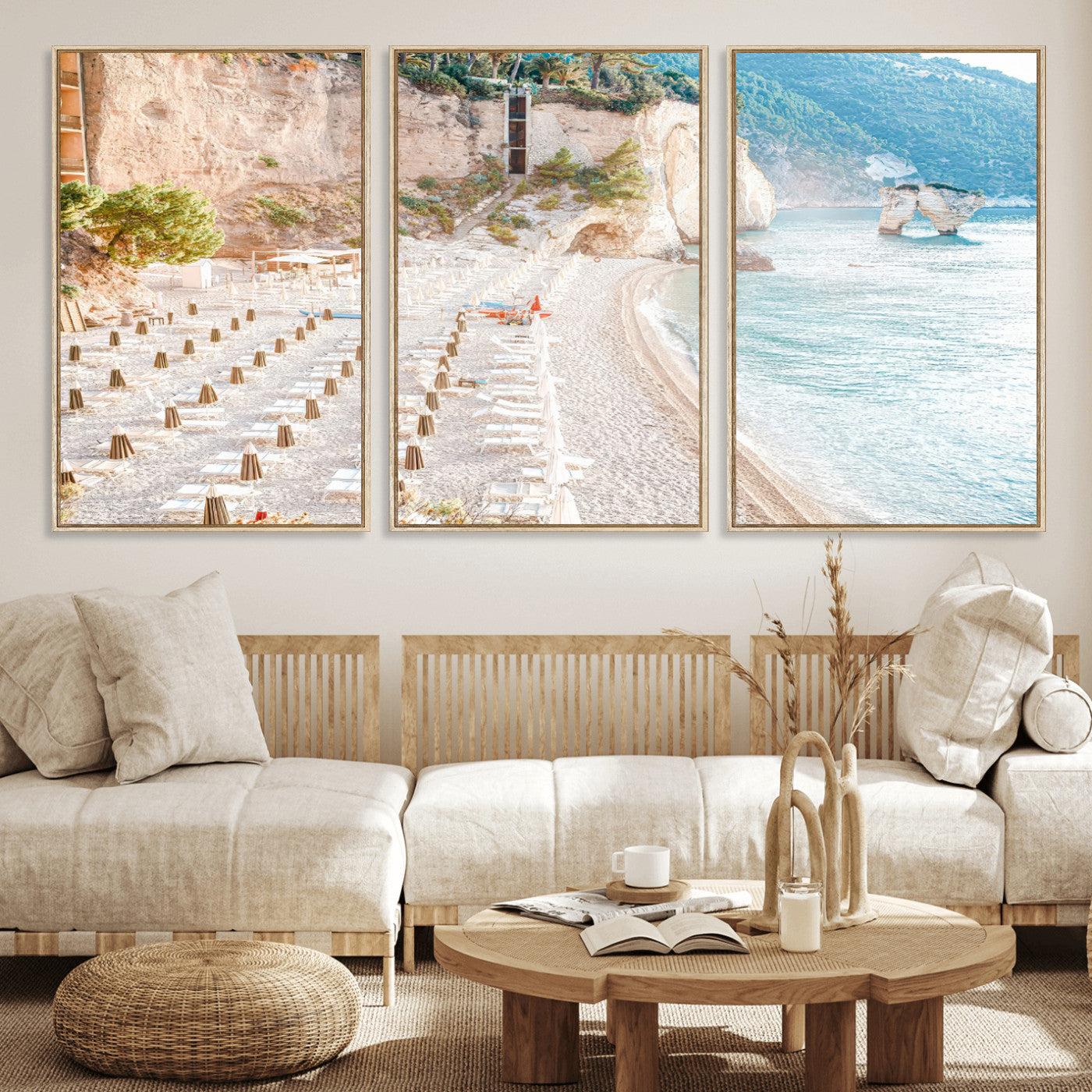 Wall art of a calm Mediterranean beach with rows of sun loungers and umbrellas in soft pastel tones, perfect for light coastal or vacation-themed decor.
