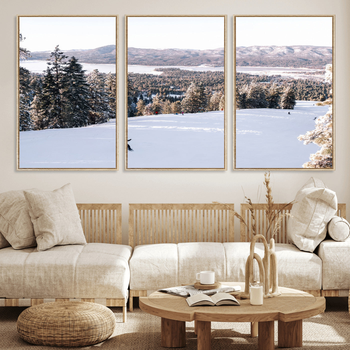 Canvas of a snowy mountain ski slope with pine trees and bright winter light, ideal for modern rustic or alpine-inspired home decor.