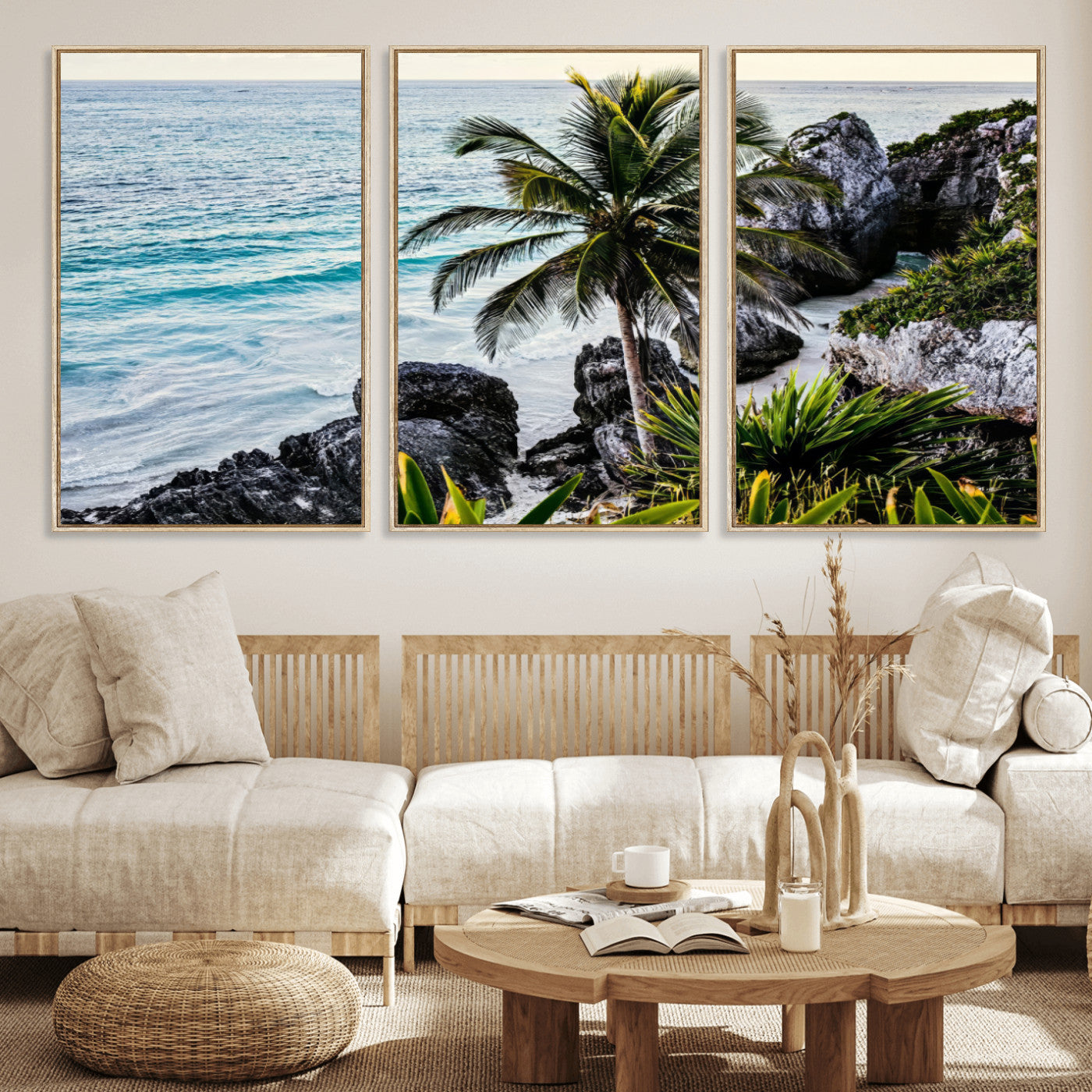 Framed canvas of a vibrant tropical coastline with palm trees, rocky cliffs, and turquoise waters, ideal for tropical coastal home decor.