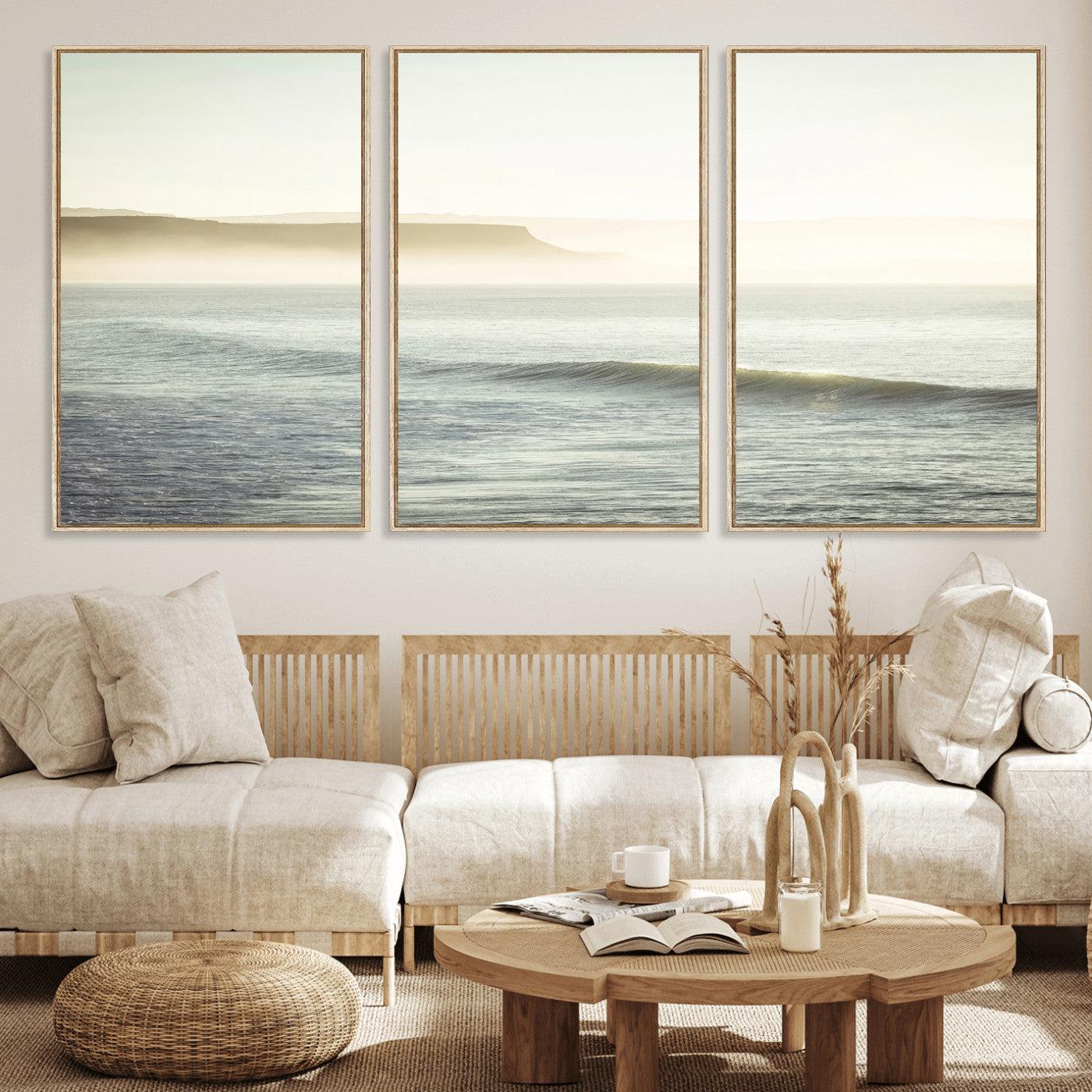 Canvas of a misty ocean scene with coastal cliffs and soft neutral tones, ideal for Scandinavian coastal or minimalist nature-inspired home decor.