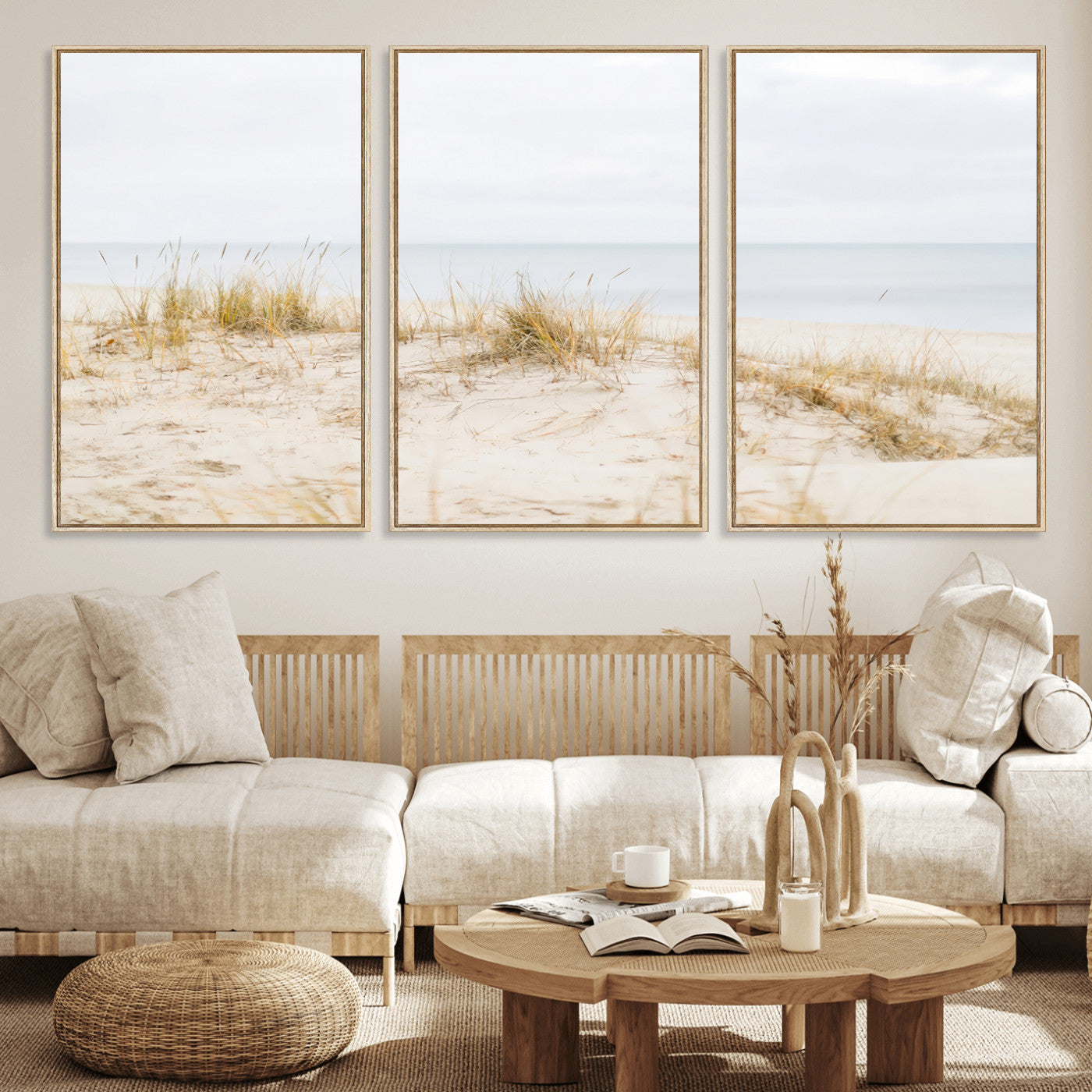 Canvas of soft beach dunes and coastal grasses in neutral tones, perfect for Scandinavian coastal or minimalist nature-inspired home decor.   2/2