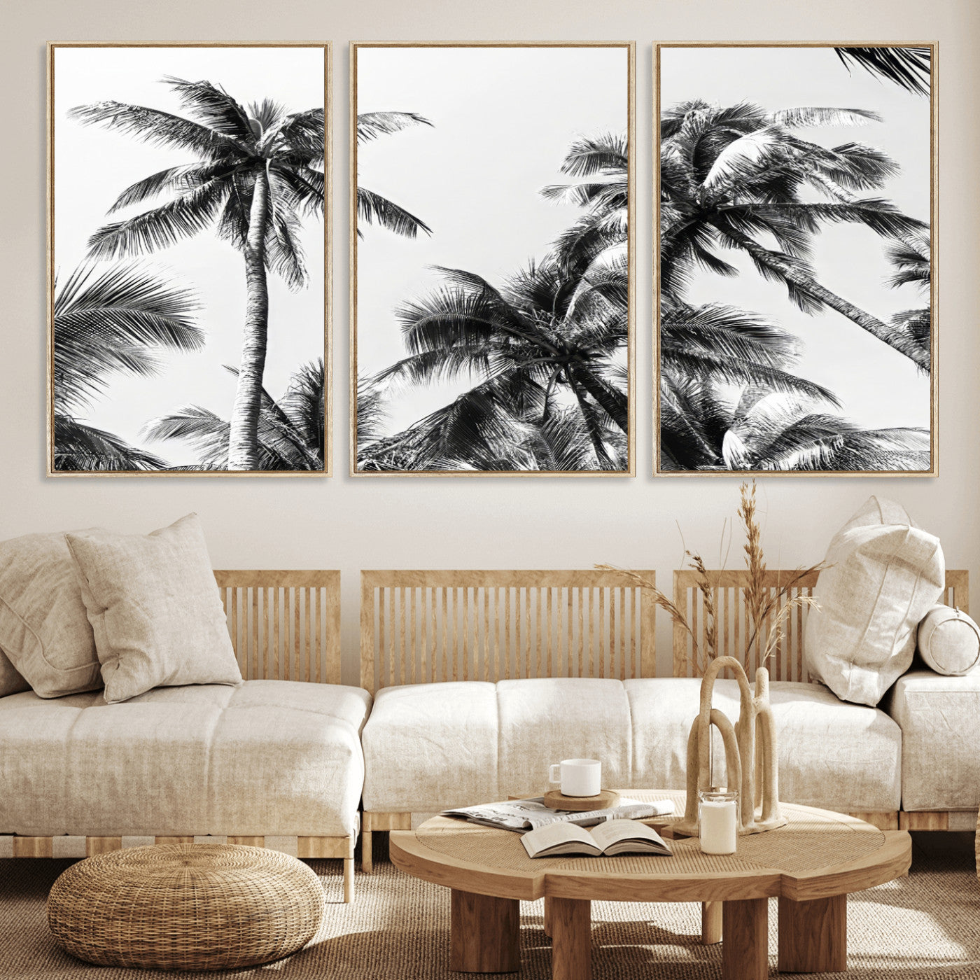 Black and white canvas of tall palm trees in moody tones, perfect for modern tropical minimalist or coastal-style home decor.