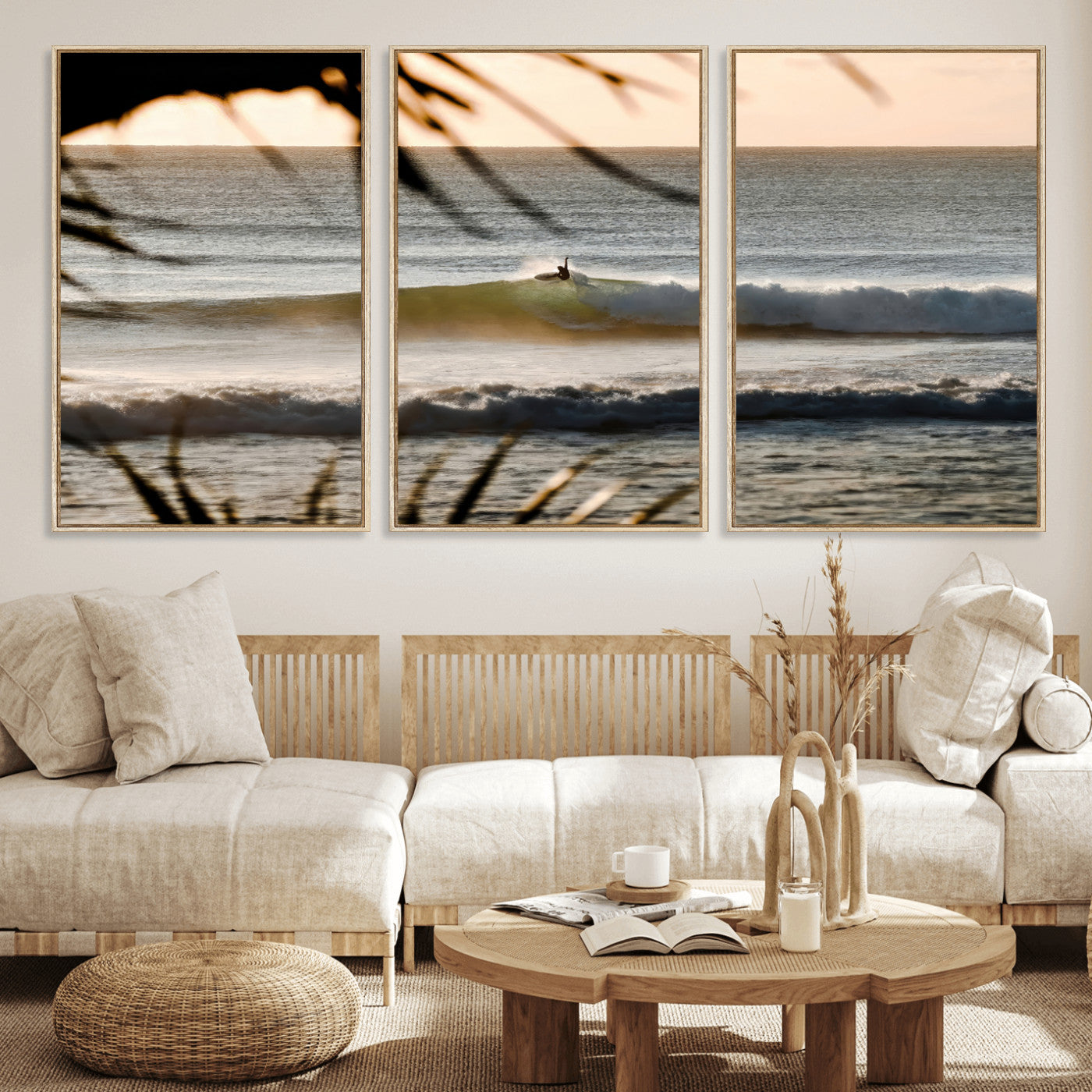 Photo of a surfer riding a golden hour wave at sunset, with tropical tones and dreamy light, perfect for tropical boho or coastal home decor.