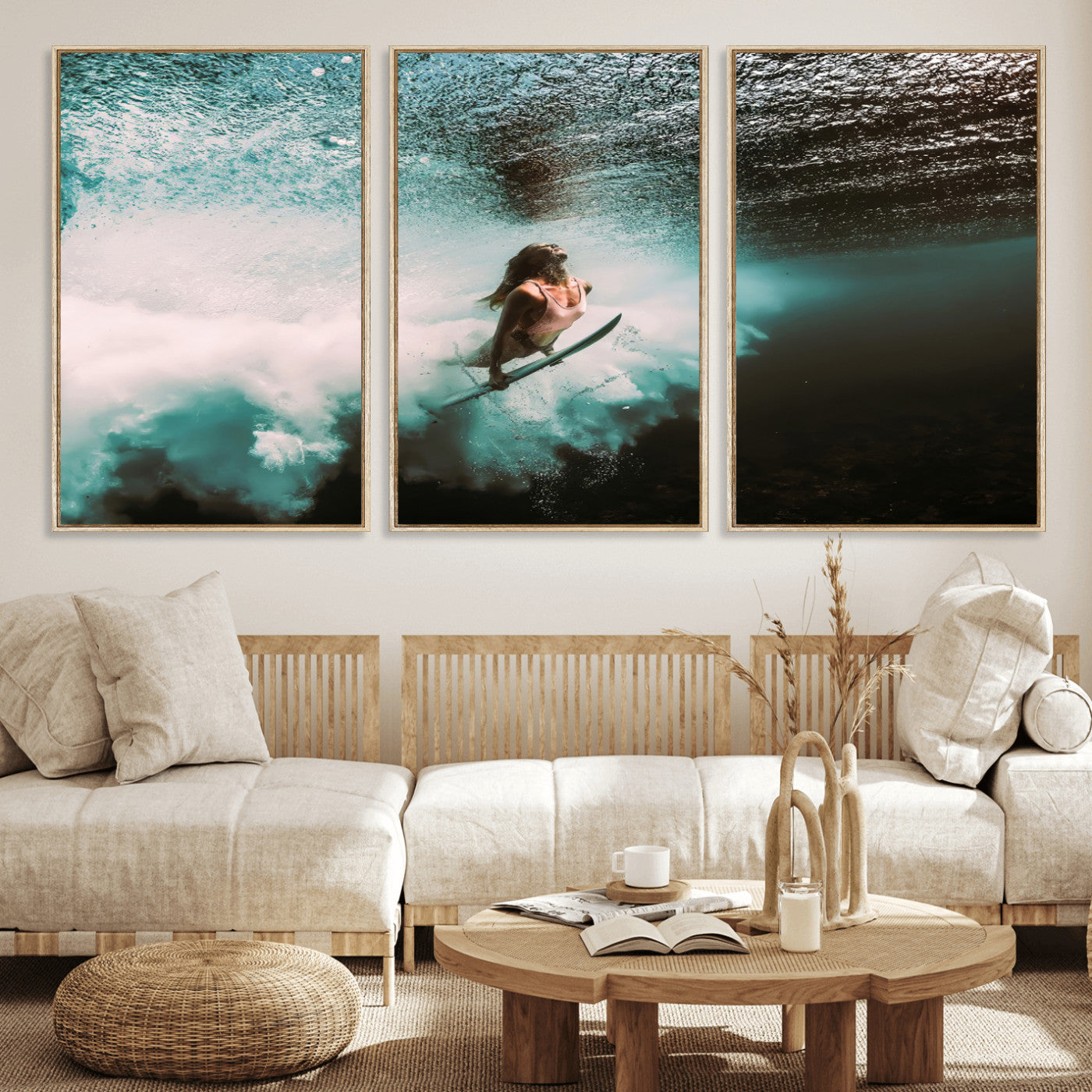 Vibrant underwater photo of a female surfer diving through turquoise waves, perfect for coastal boho or surf-inspired home decor.