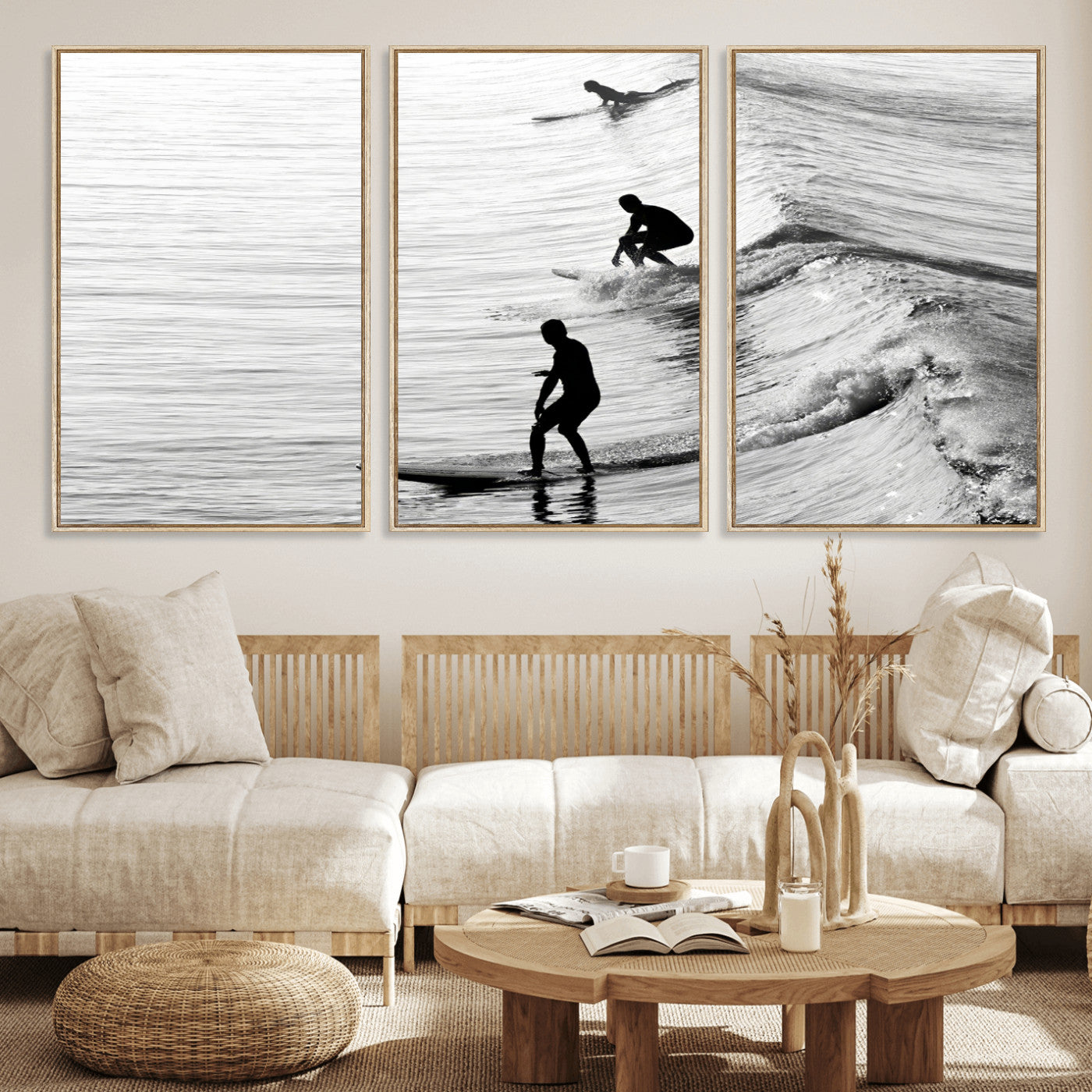 Black and white photo of surfers riding waves in a moody, high-contrast scene, ideal for modern coastal or surf-inspired home decor.