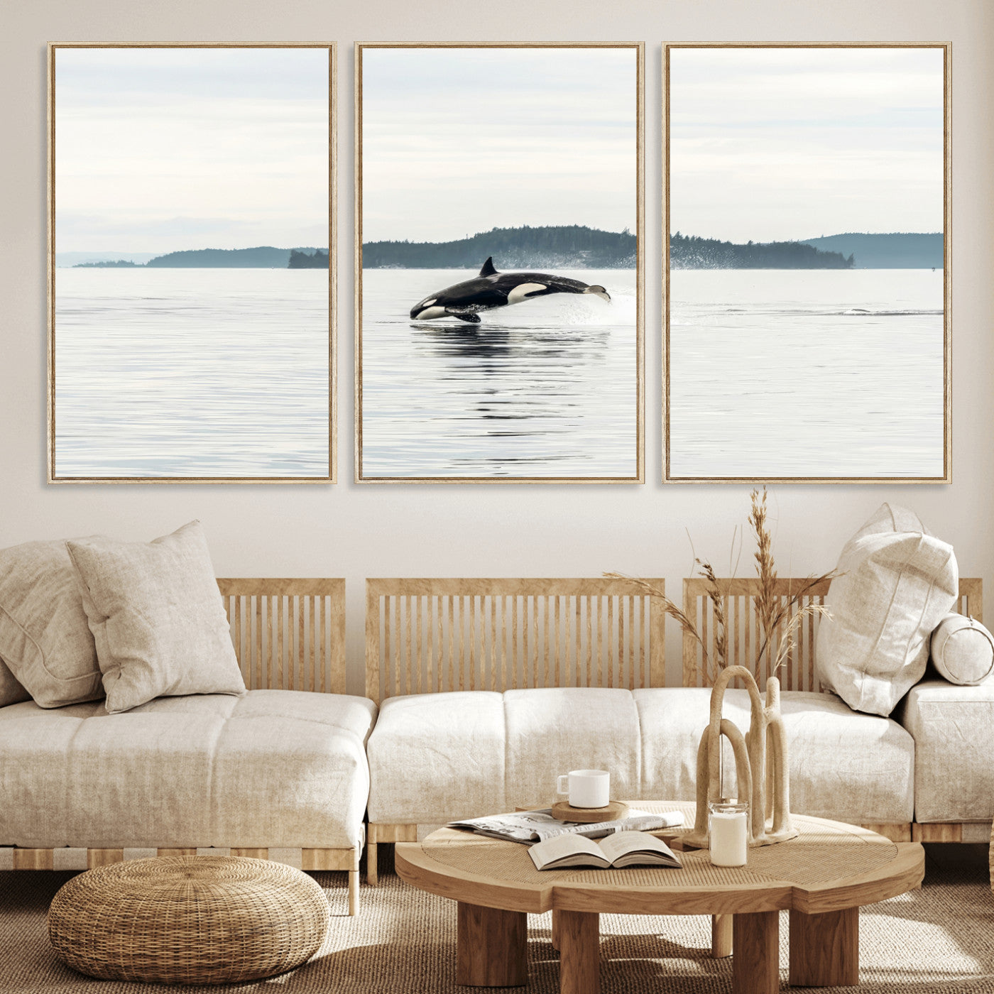 An orca jumping out of calm ocean waters with a misty island in the background, creating a serene and minimalist marine wildlife scene.