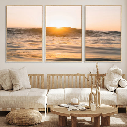 Ocean waves glowing under a warm golden sunset, reflecting soft light and calm movement, perfect for warm minimalist coastal interiors.