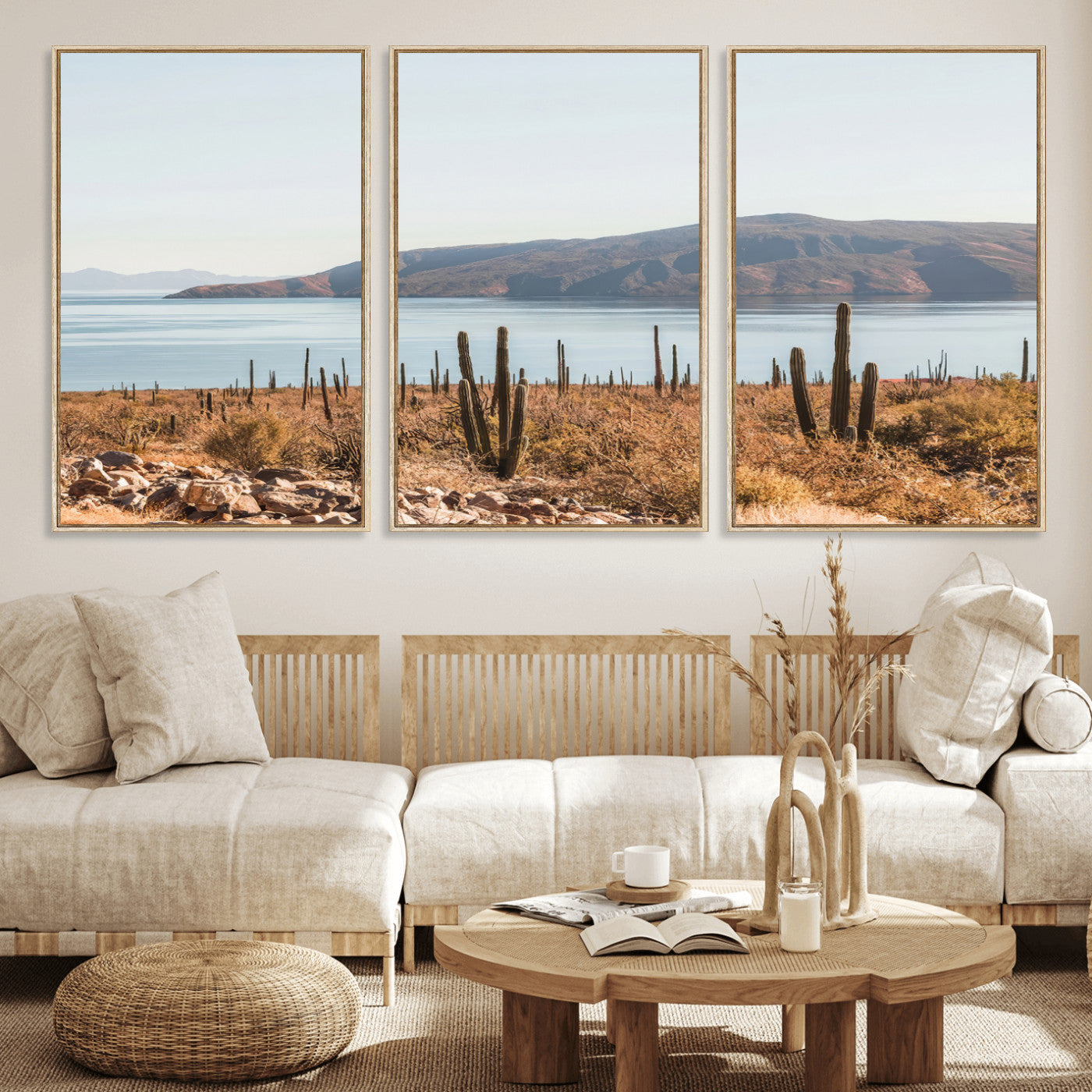 Warm desert landscape with cacti and coastal mountains, perfect for southwestern or earthy calm-themed home wall decor.