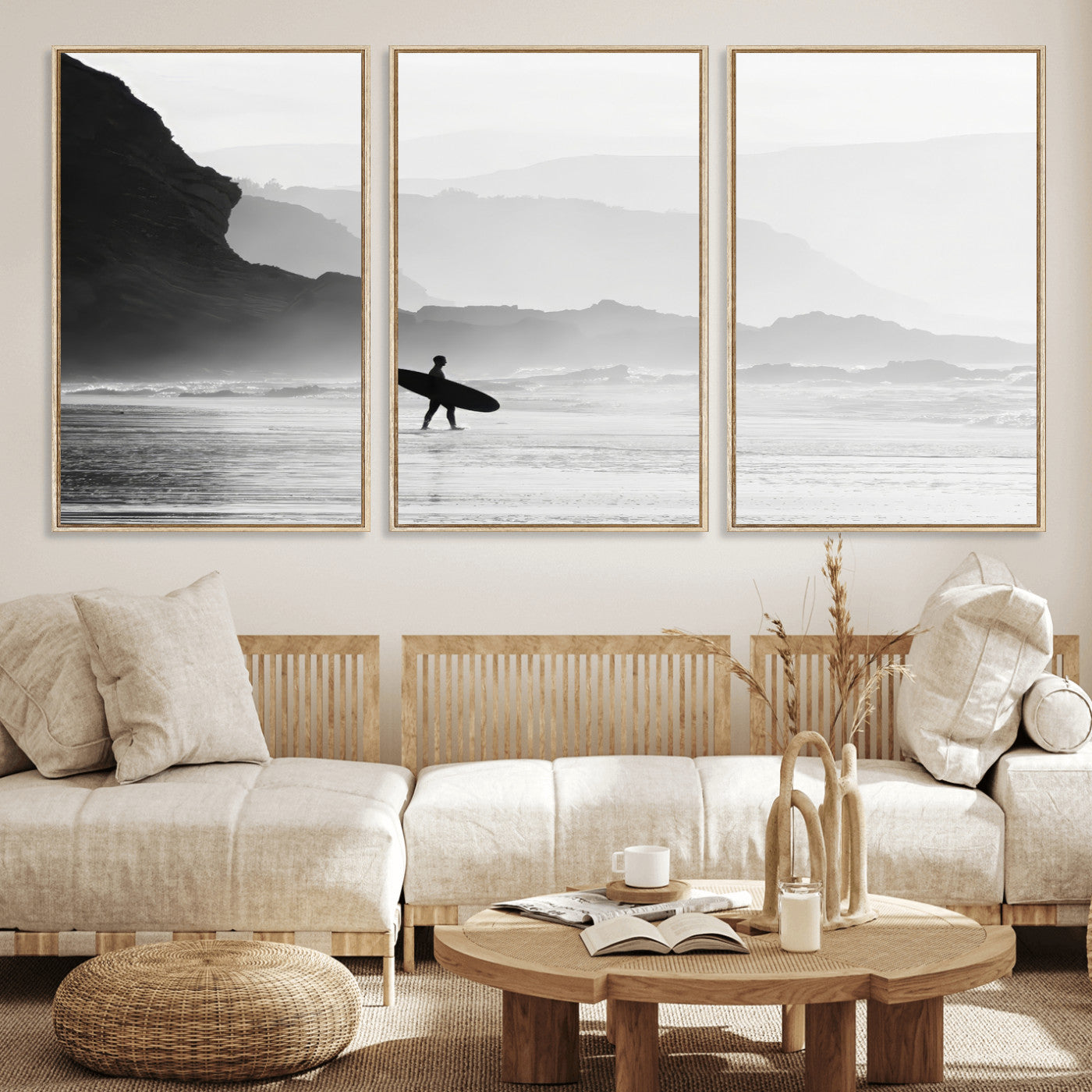 A lone surfer walking along a misty beach with cliffs in the background, carrying their board, capturing a serene and minimal ocean moment.