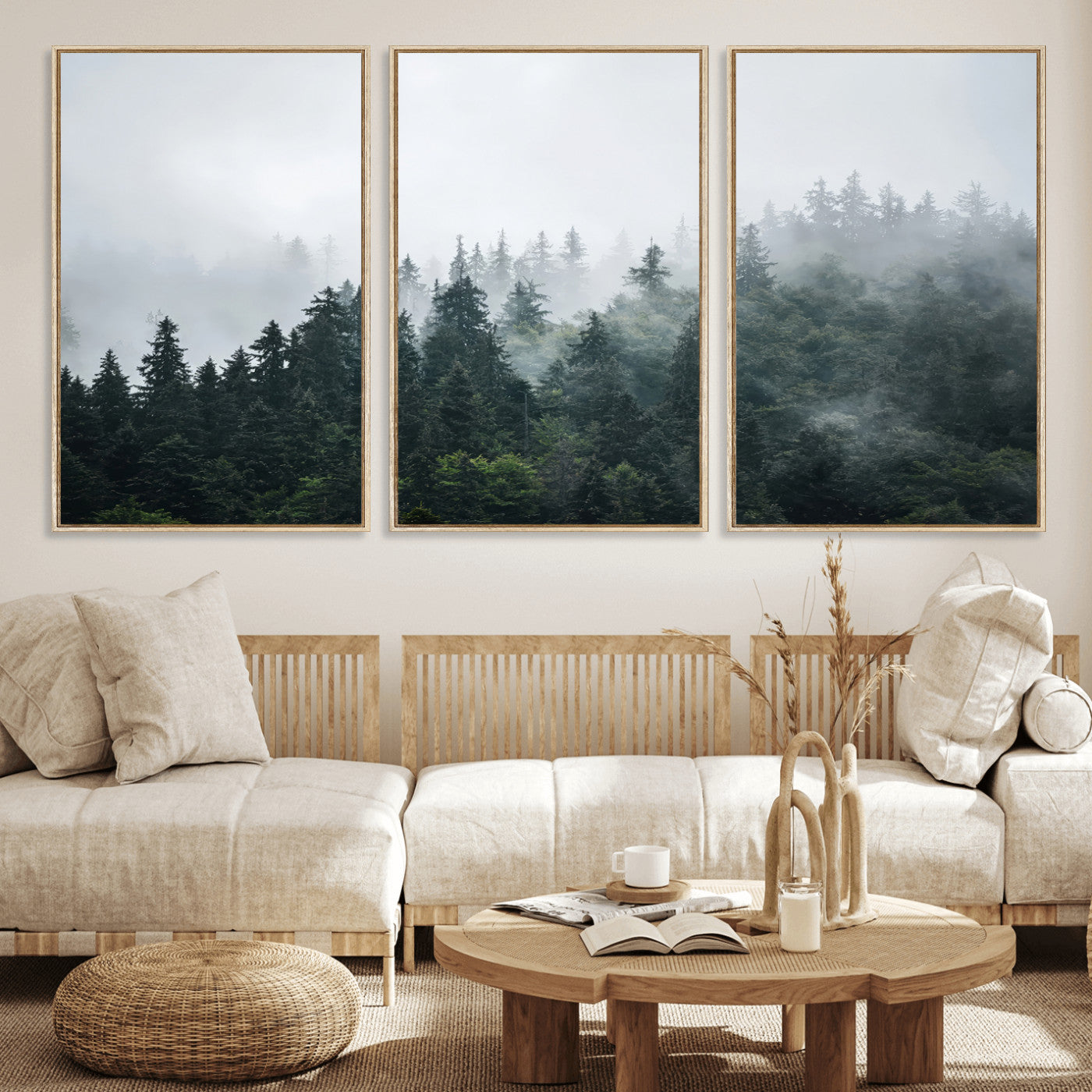 A misty evergreen forest shrouded in soft fog, creating a tranquil and moody landscape with lush green trees fading into the distance.