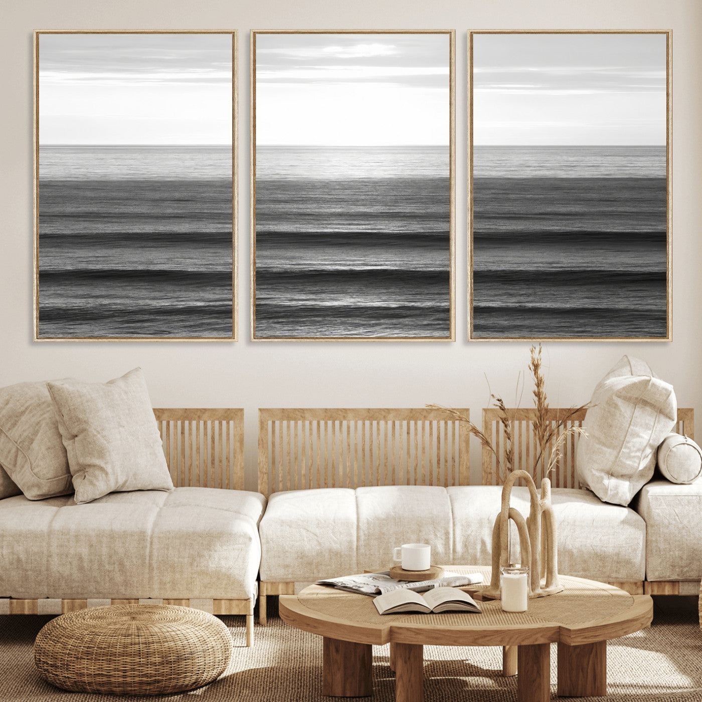 Minimalist black and white ocean view with layered waves reflecting sunlight, evoking a sense of calm and coastal serenity.