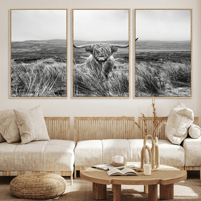 A black and white portrait of a Highland cow in a foggy Scottish countryside, capturing a rustic aesthetic and tranquil farm escape.